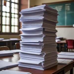 Stapel Prüfungsaufgaben auf Lehrerpult.