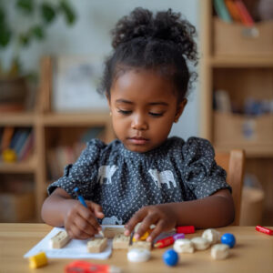 Mädchen bei Ausübung der Selbstkontrolle am Montessori-Material.